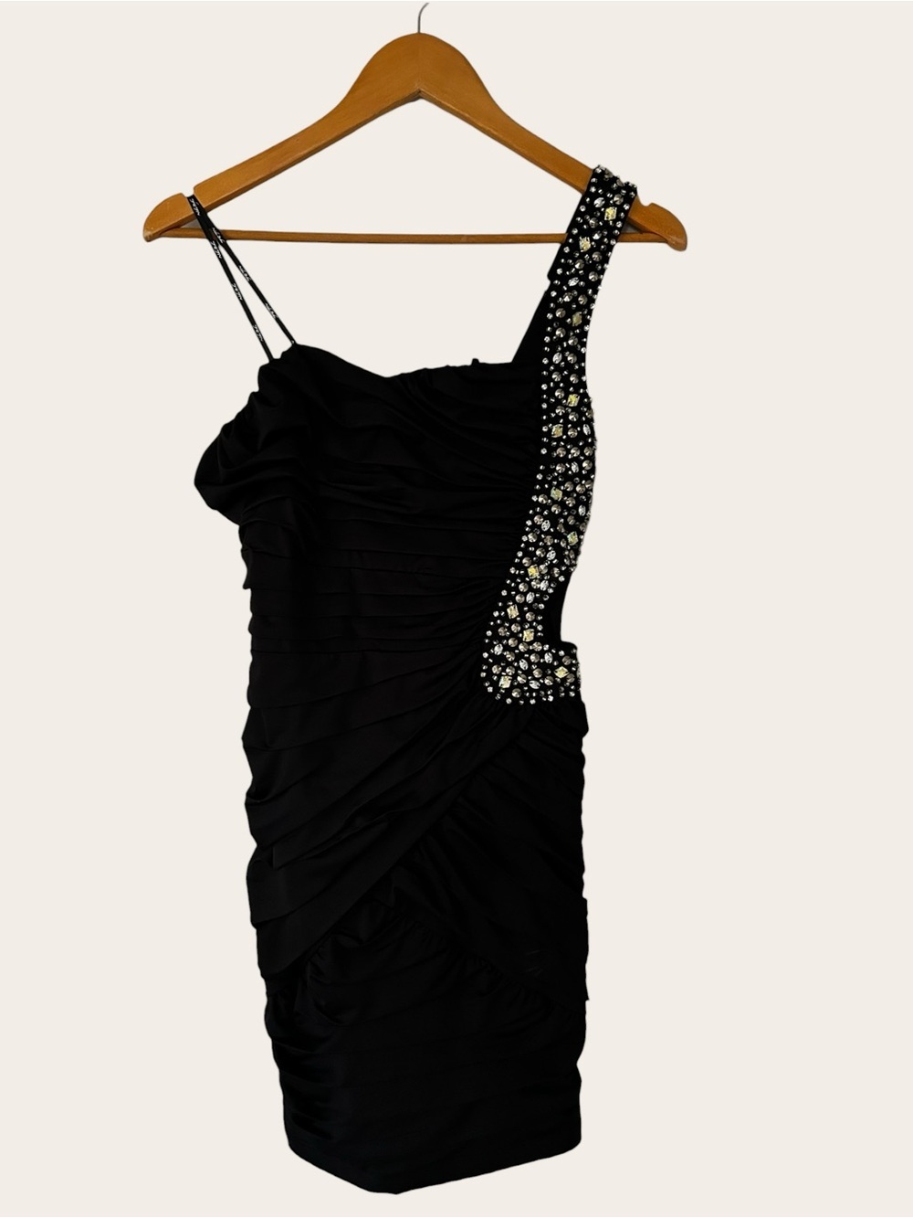 Nikibiki Black One-Shoulder Ruched Cocktail Dress with Embellished Strap